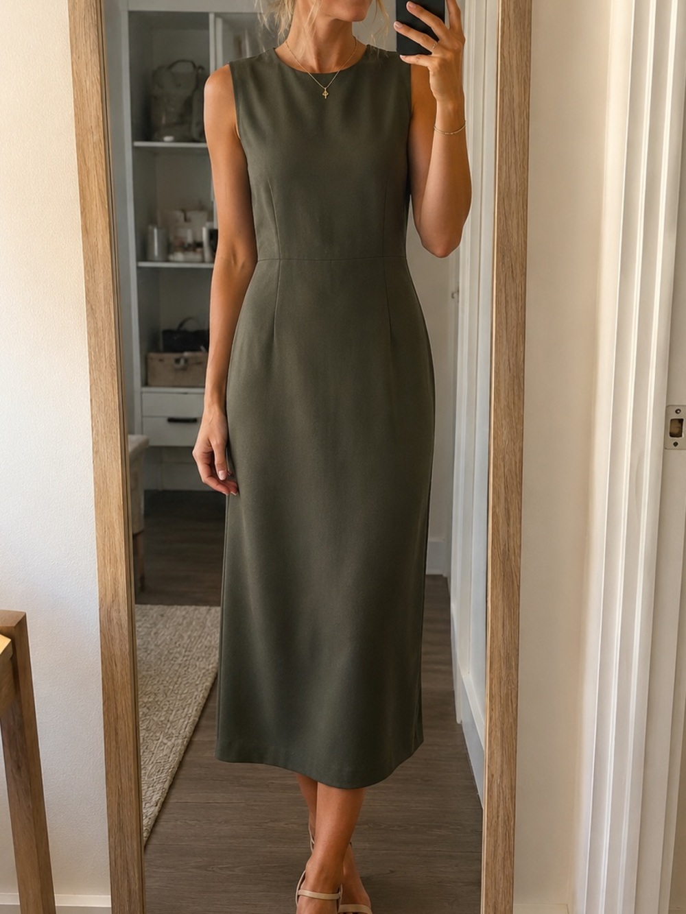 J. Crew Olive Sleeveless Midi Sheath Dress